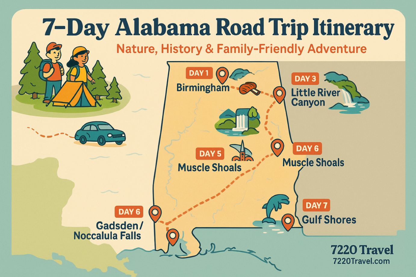 Explore Alabama in 7 days—waterfalls, civil rights history, and Gulf Coast beaches. A family-friendly road trip blending nature, culture, and adventure.